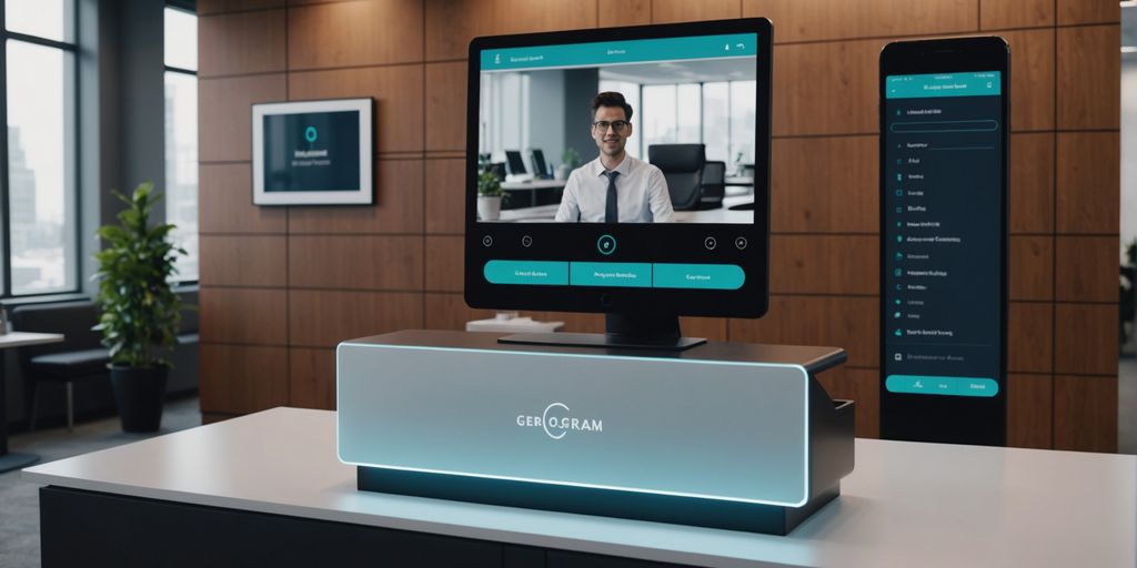 AI assistant hologram at office reception desk.