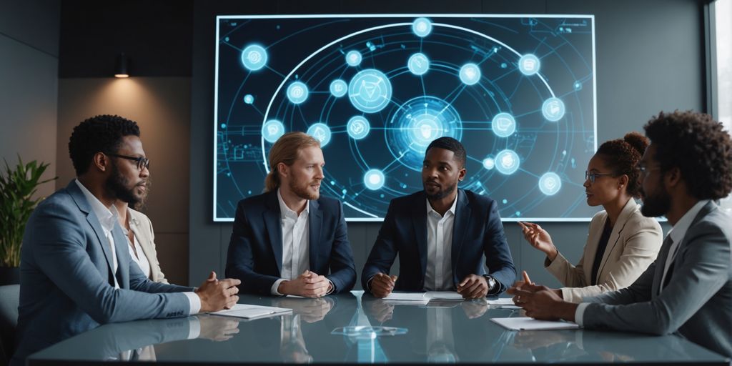 Business professionals discussing AI communication technology.