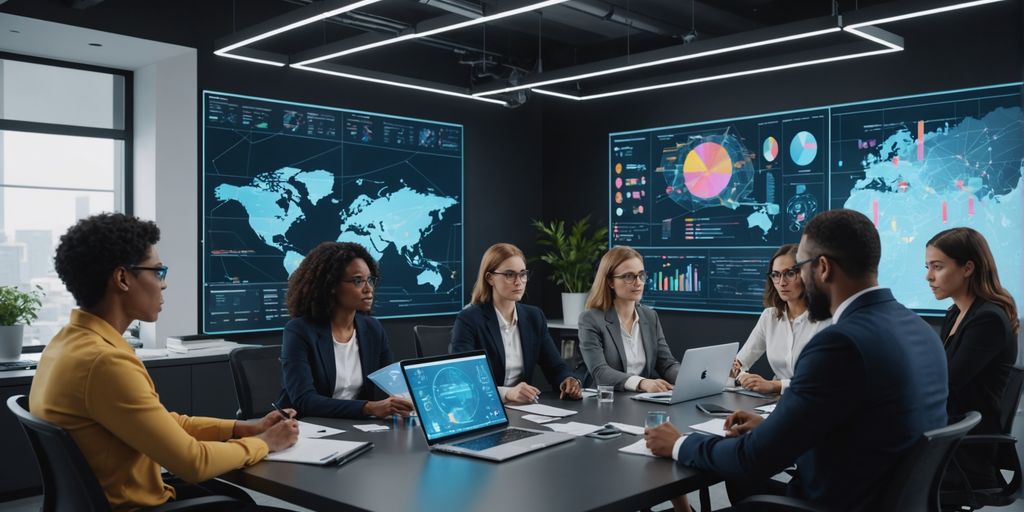 Professionals collaborating with AI holographic displays