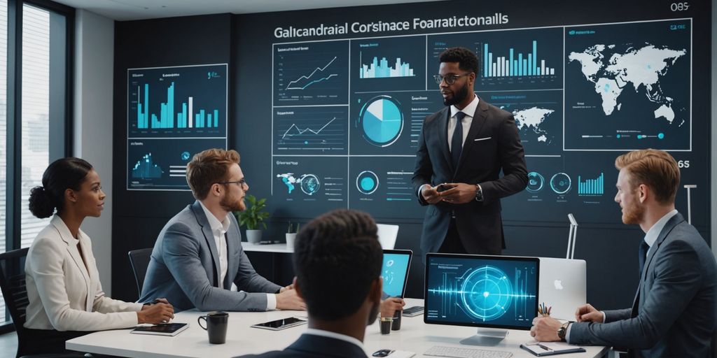 Professionals collaborating with AI holograms and charts.