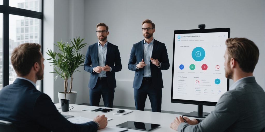 Trainer demonstrating AI voice assistant to clients