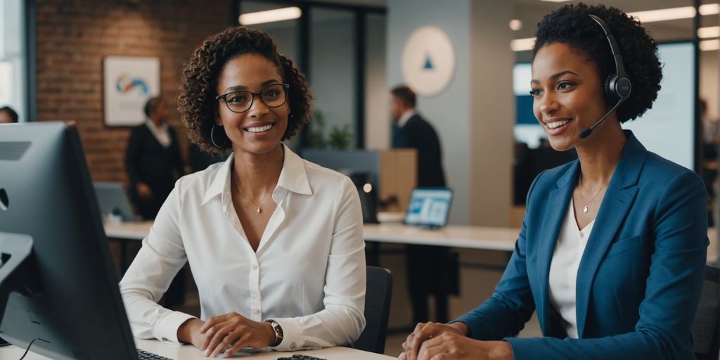 AI receptionist assisting customers in a modern office