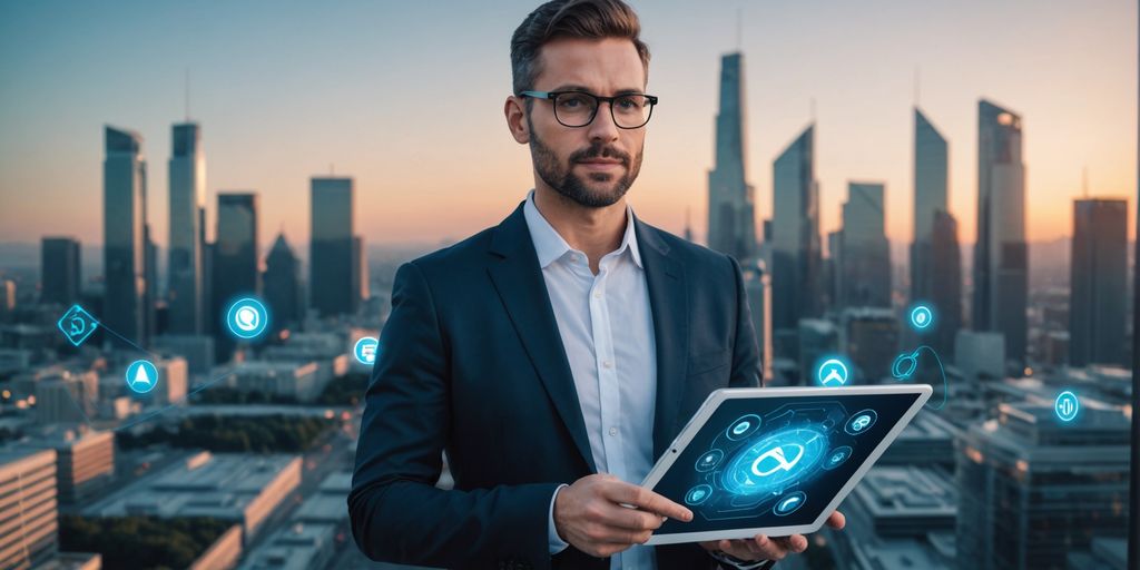 Businessperson with AI voice assistant hologram.