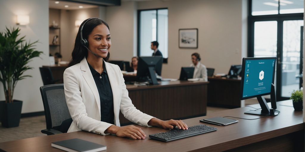 AI receptionist assisting clients in an office