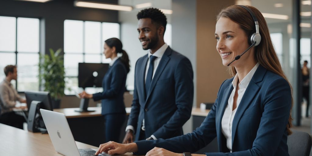 AI receptionist assisting customer at office desk