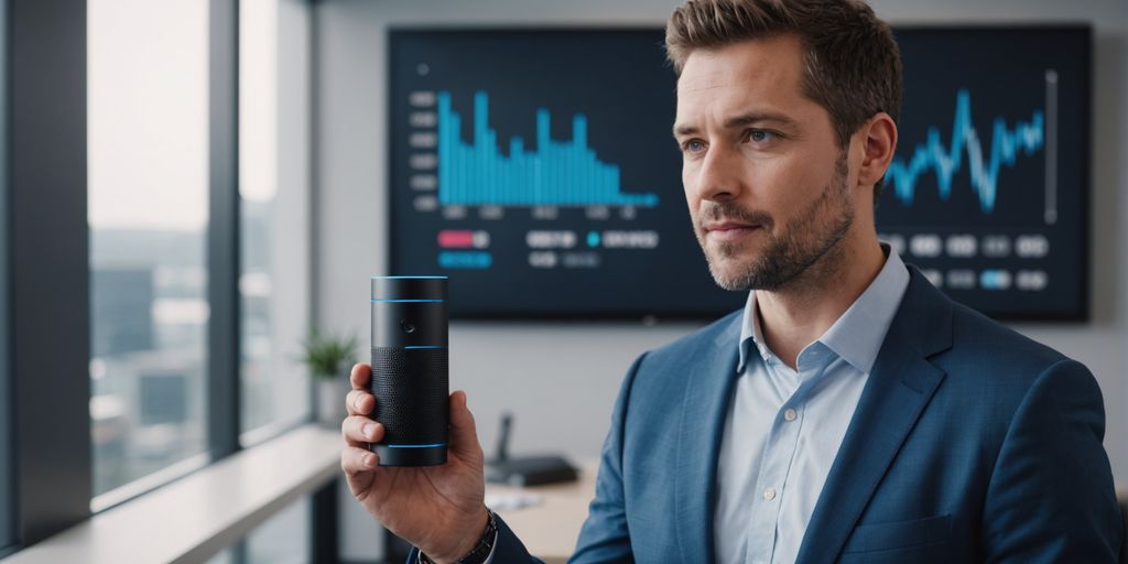 Businessperson with AI voice assistant in modern office
