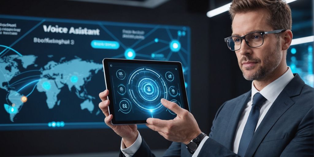 Businessperson with AI voice assistant tablet
