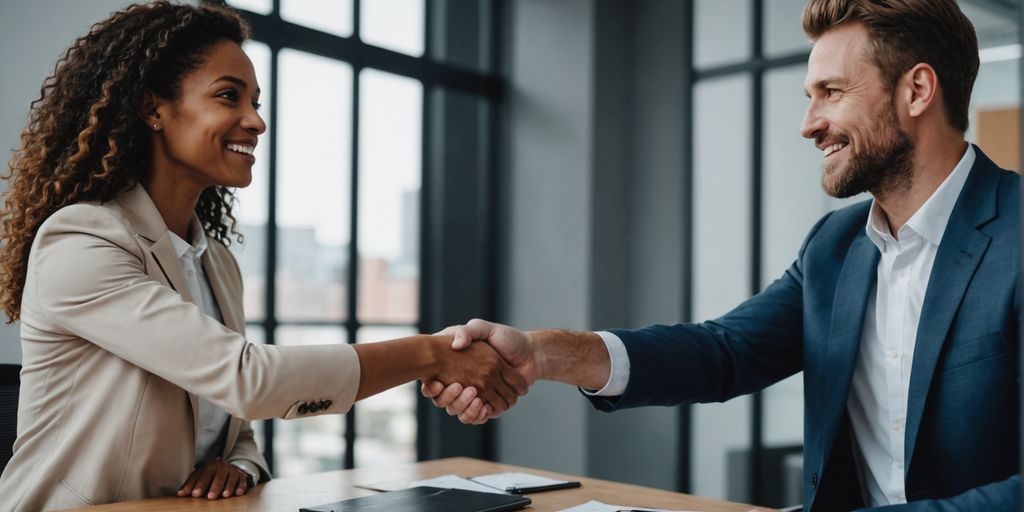Businessperson shaking hands with client in office.
