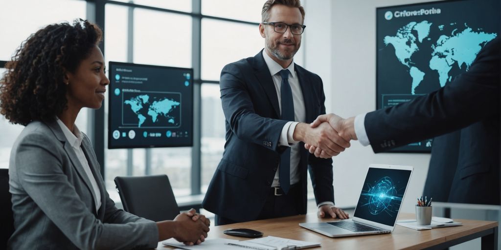 Businessperson shaking hands with client in office