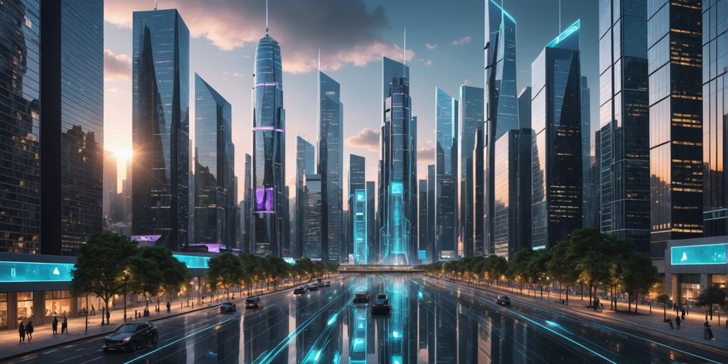 Futuristic city with AI voice technology interfaces.