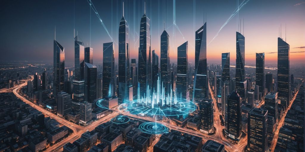 Futuristic city with AI and smartphone hologram