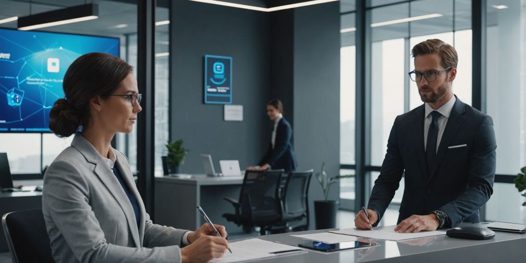 AI receptionist interacting with professional in modern office