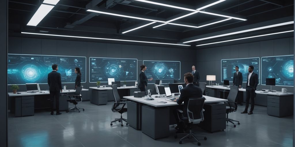 AI holograms interacting in a futuristic office