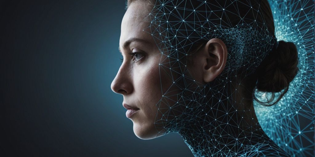 Human face with digital patterns and neural network.