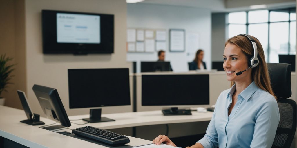 Receptionist using advanced technology in a modern office