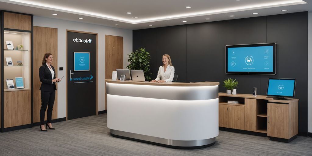 Modern office with digital receptionist kiosk.