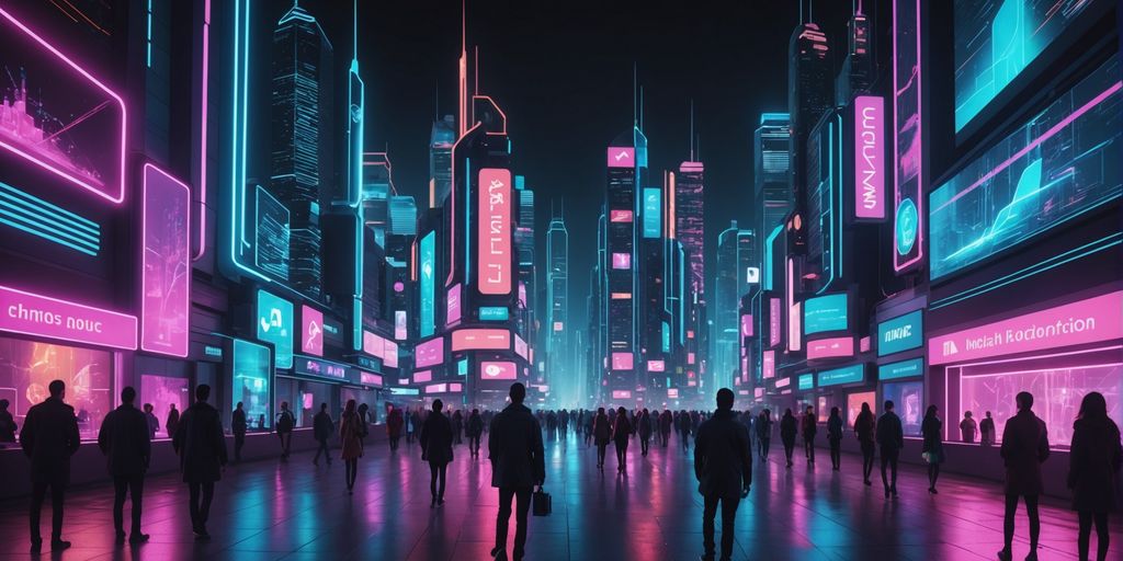 Futuristic city with AI holograms and neon lights