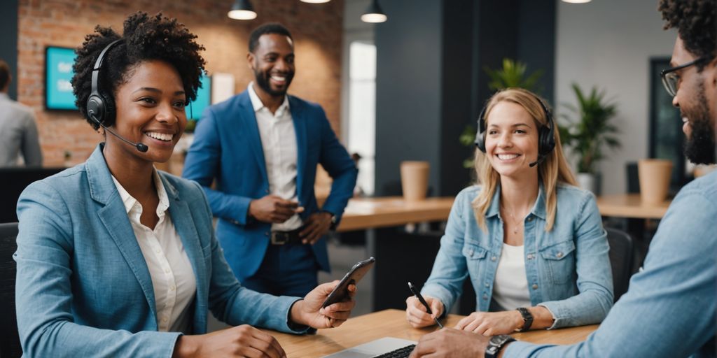 Customer support agent with happy customers and AI elements.