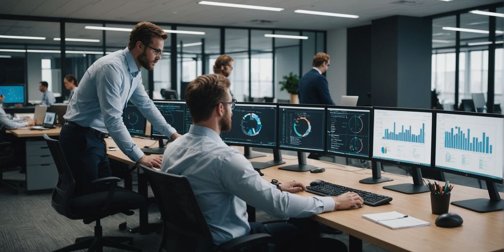 Team analyzing data on computer screens in office.