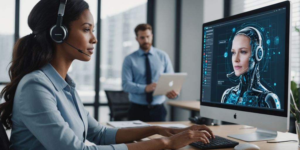 Customer support agent with AI assistant on screen