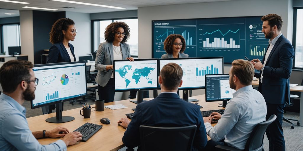 Professionals collaborating with data analytics on screen.