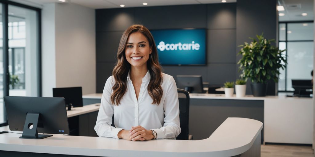 AI receptionist smiling behind modern desk