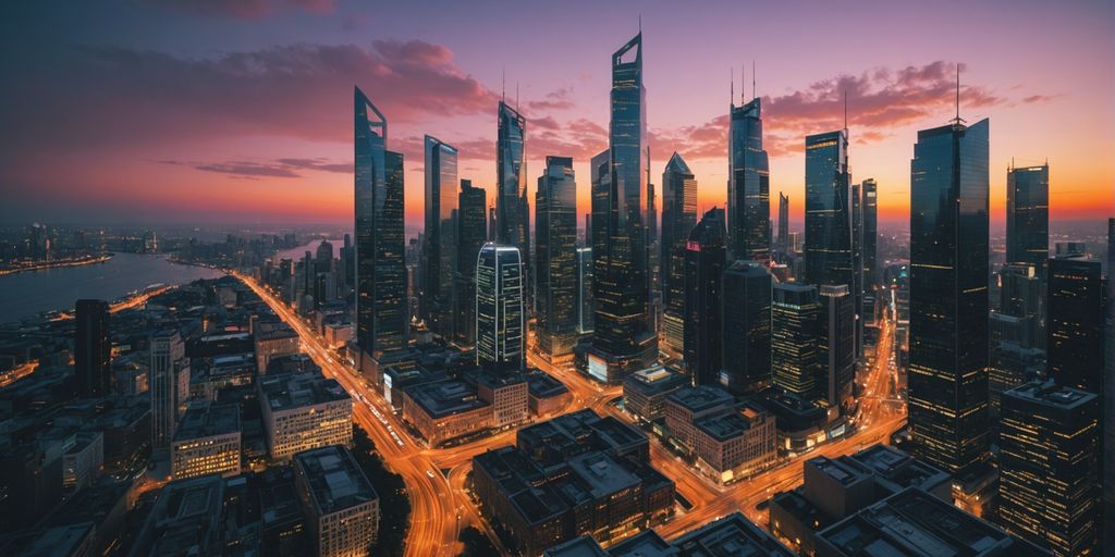 Cityscape at dusk with glowing skyscrapers.