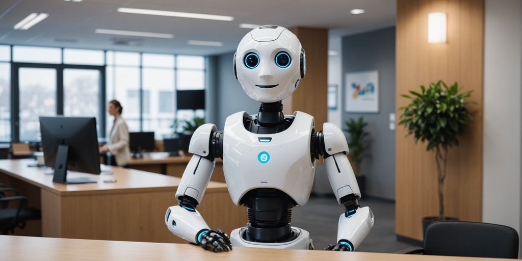 AI robot smiling at reception desk