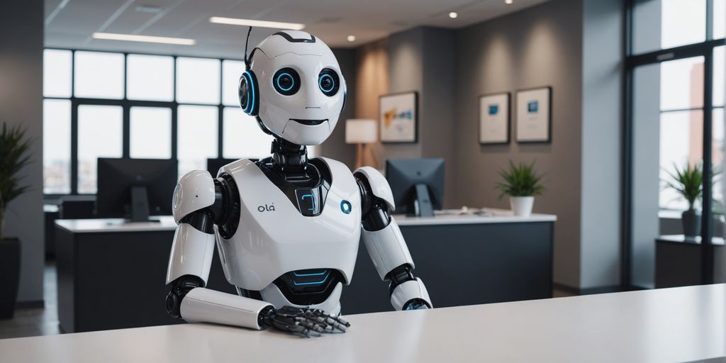AI robot smiling behind reception desk