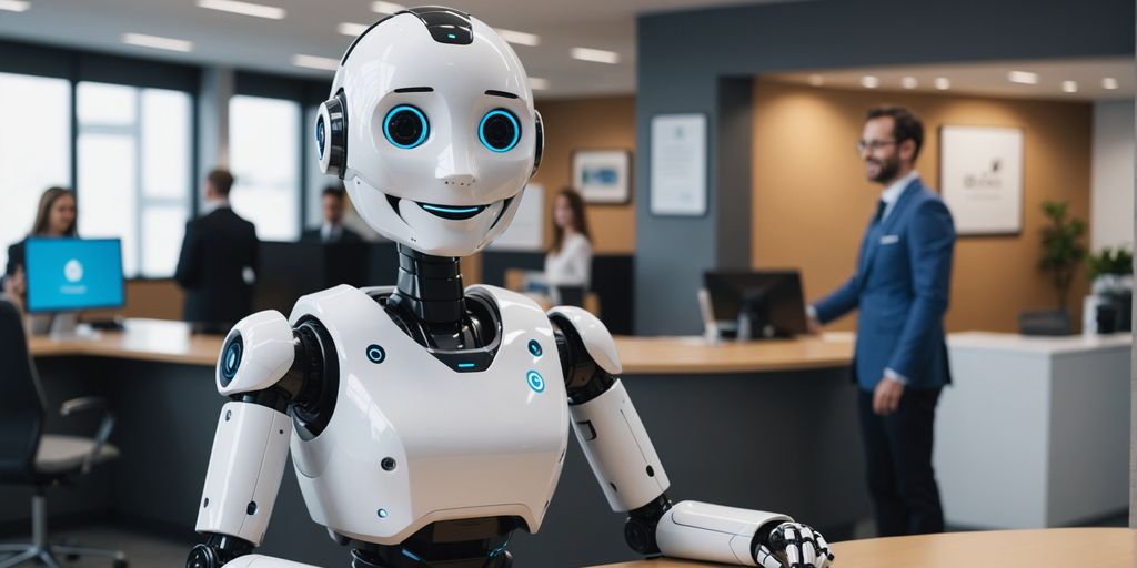 AI robot smiling behind reception desk