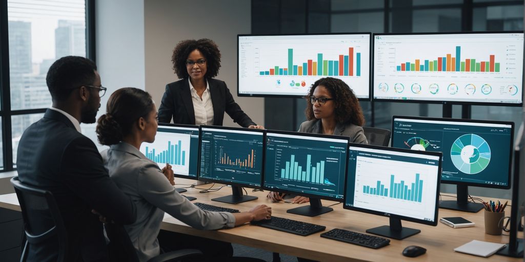 Professionals analyzing predictive analytics data on screens.