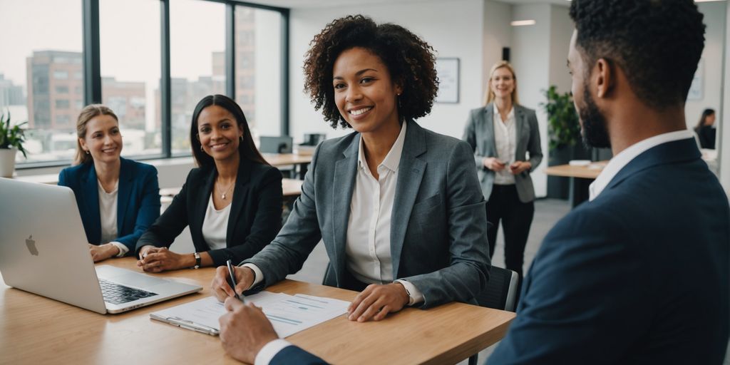 Diverse group with AI receptionist