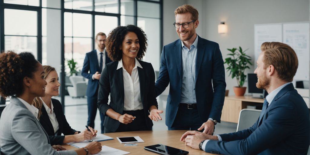 Diverse professionals with AI receptionist in modern office