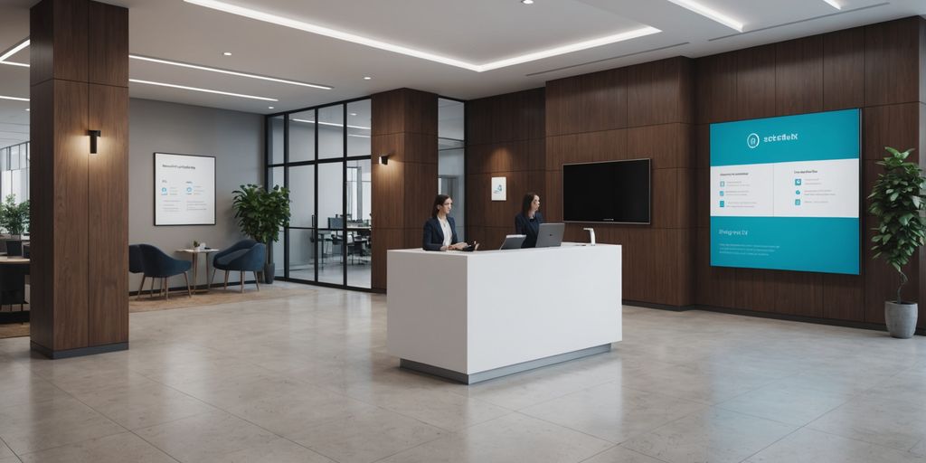 AI kiosk in modern office lobby