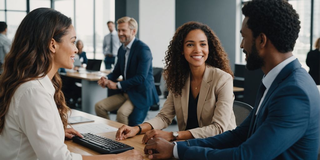 Diverse group talking with AI receptionist.