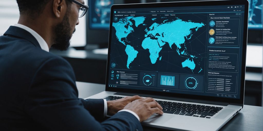 Person analyzing data with AI graphics overlay.