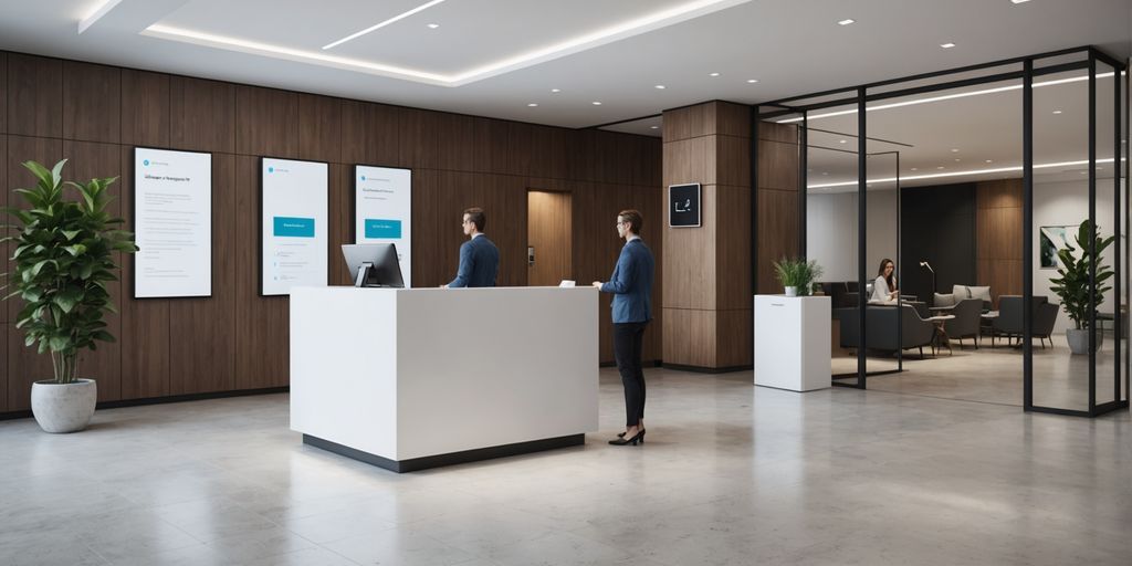 AI-powered kiosk in a modern office lobby