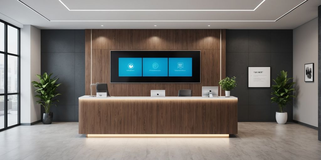 Modern office lobby with virtual assistant screen