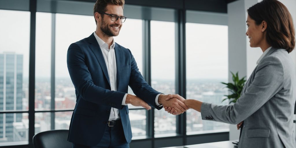 Businessperson shaking hands in modern office.
