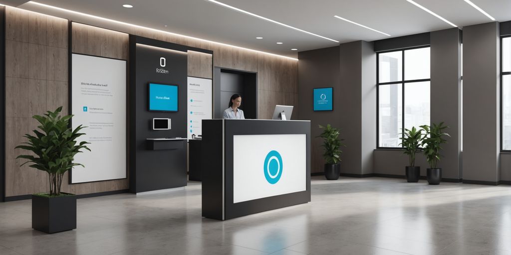 AI-powered kiosk in a modern office lobby