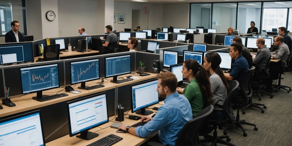 Employees working on computers in a busy office.