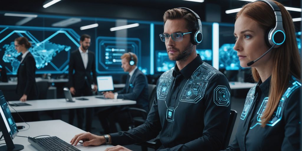 AI agents assisting clients with holographic interfaces.