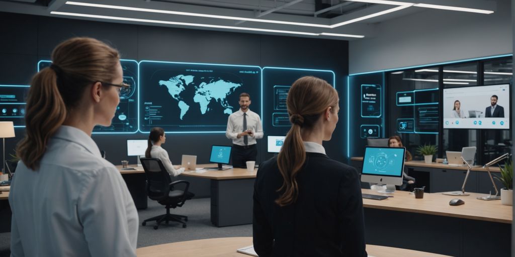 AI receptionist in modern office interacting with employees.