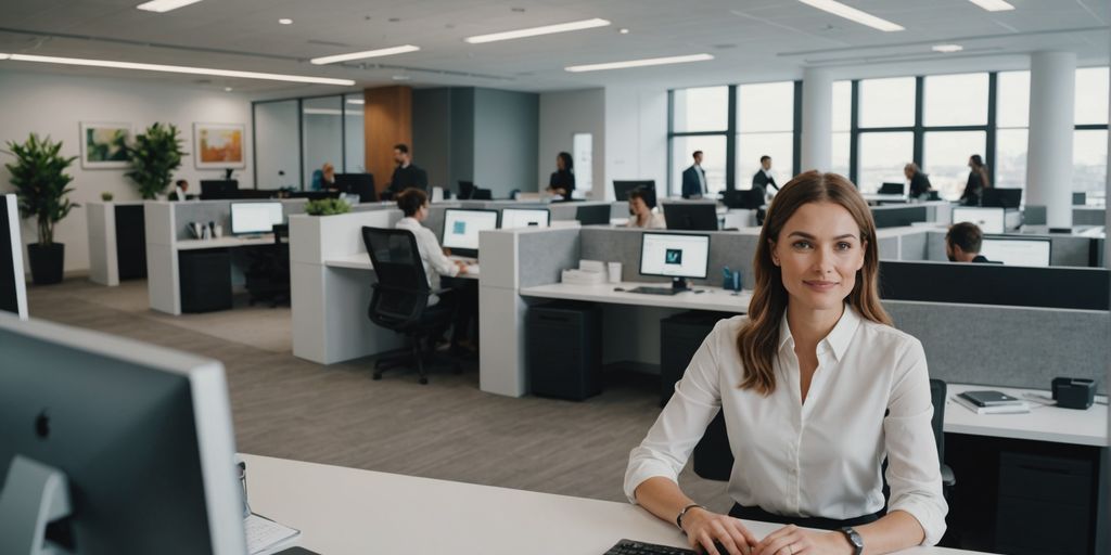 AI receptionist in modern office with working employees