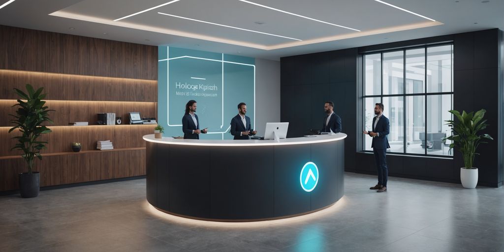 AI receptionist in a modern office lobby.