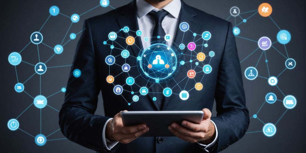 Businessperson with tablet showing AI icons and graphs.