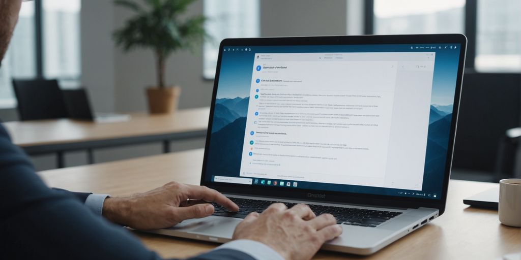 Person using laptop with chatbot interface