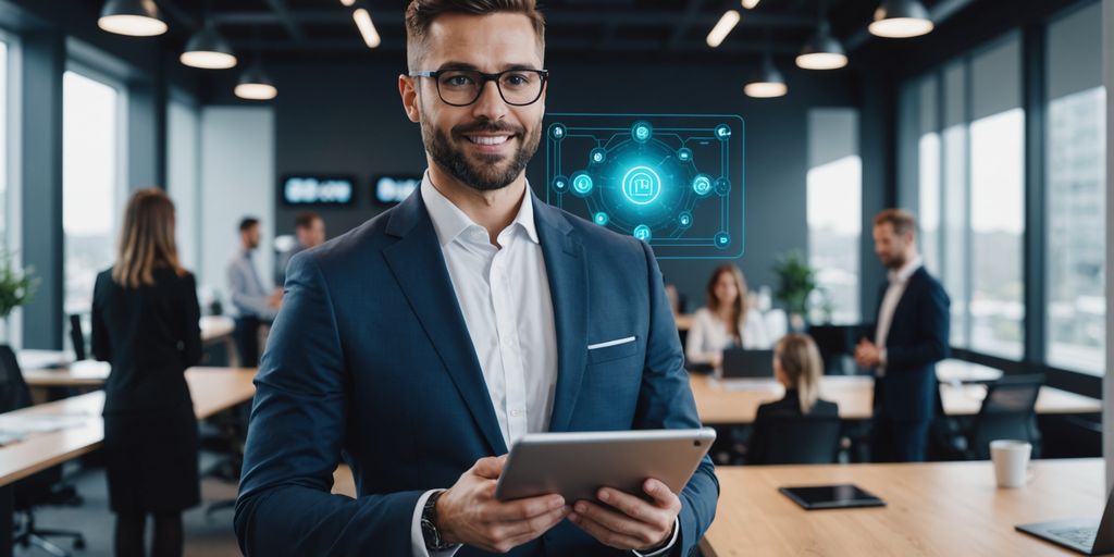 Businessperson showing AI chatbot on tablet in office.