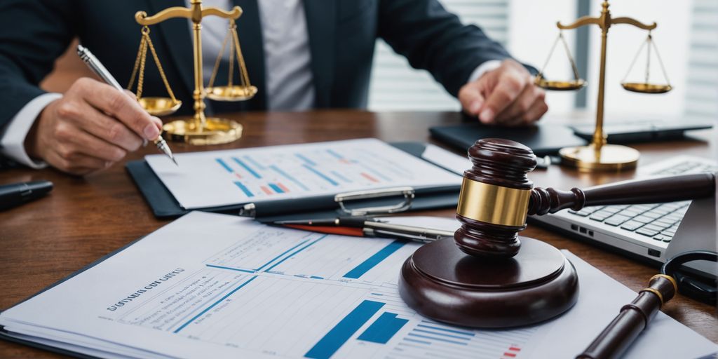 Businessperson with charts, gavel, and scales of justice.