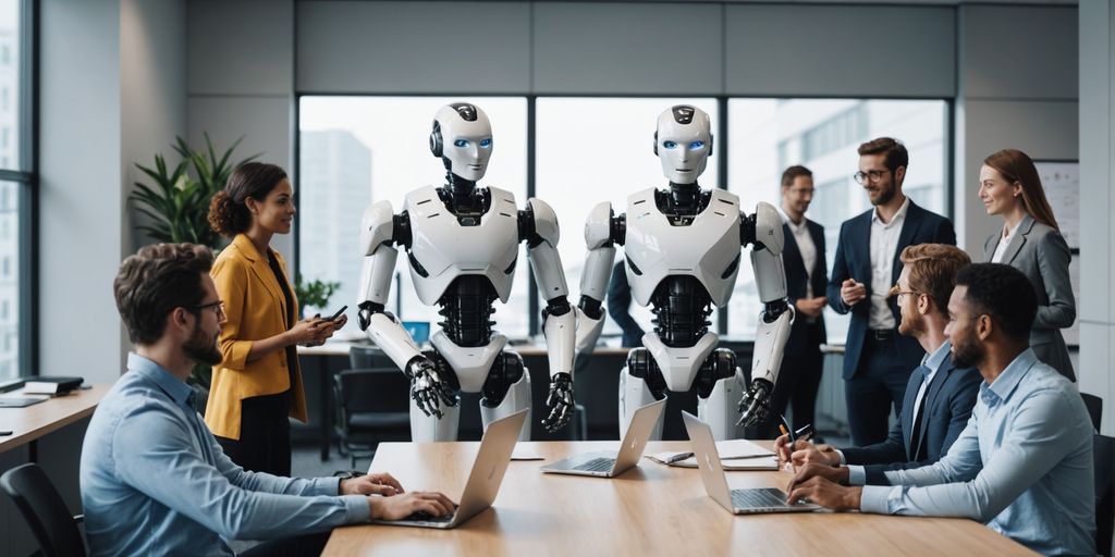 Humanoid robot assisting in a modern office meeting